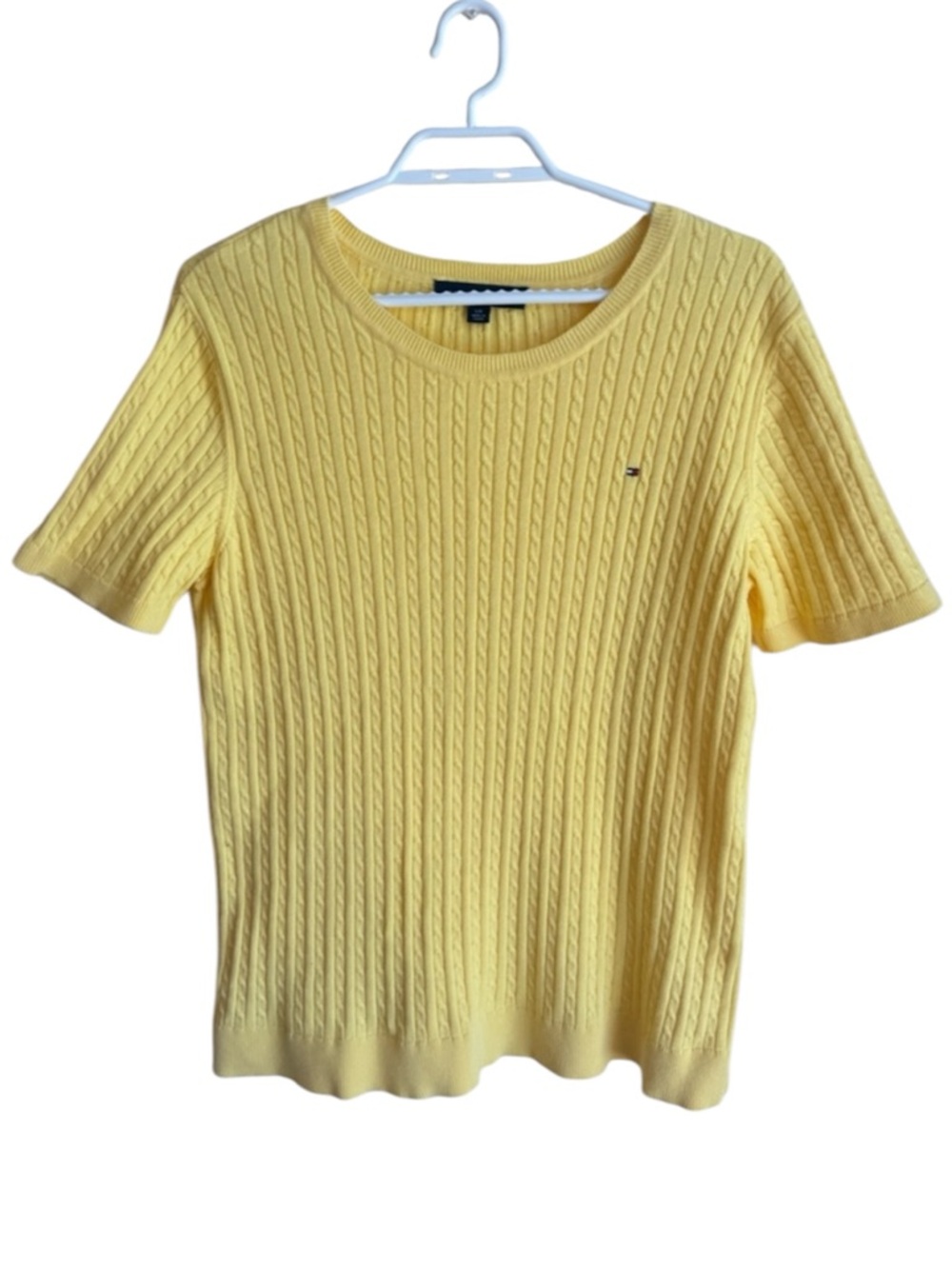 Tommy Hilfiger Butter Yellow Soft Cable Knit Short Sleeve Top Sweater Preppy